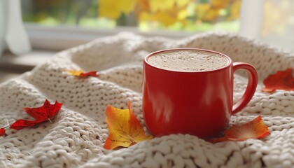 Red ceramic coffee mug on white wool blanket and autumn leaves