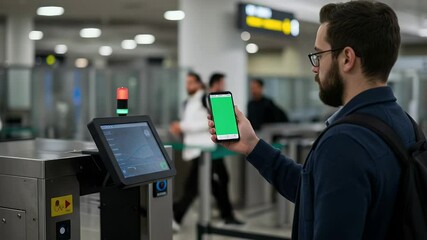Man using a mobile phone at airport security gate - Powered by Adobe
