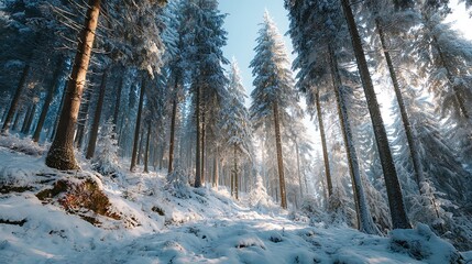 A Winter Wonderland: Snow-Covered Forest with Sunlight Streaming Through Majestic Trees