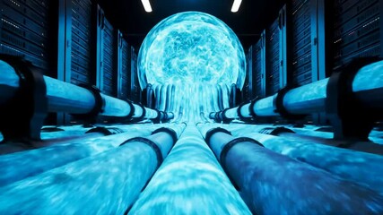 A glowing, blue energy sphere in a server room, surrounded by illuminated pipes - Powered by Adobe
