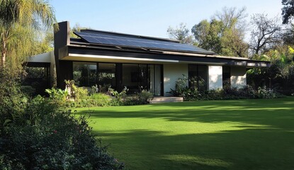 Obraz premium Modern house with solar panels and green lawn