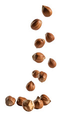 Obraz premium Falling hazelnuts against a dark background creating a dynamic and natural scene
