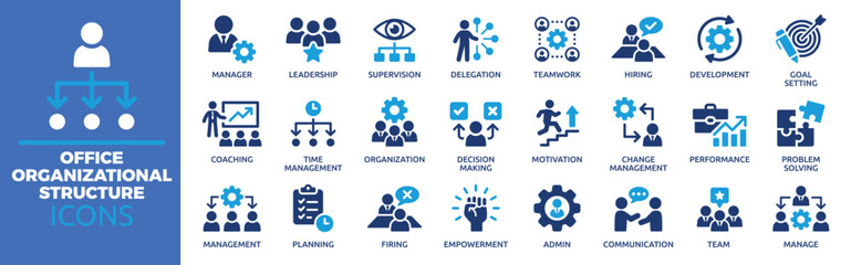 Manager and Leadership Icons Set for Business and Management, Vector illustration of a complete set of office job icons representing important concepts in business and management