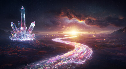 Enigmatic Crystal Spire and Luminous River A Fantasy Landscape