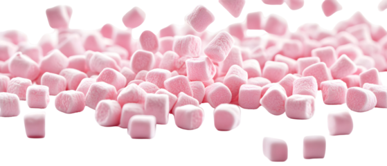 Pile of soft pink marshmallows falling onto a black background for a sweet treat