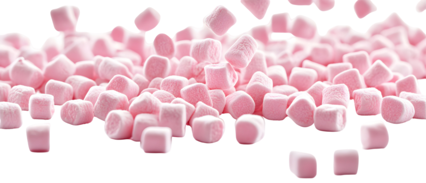Pile of soft pink marshmallows falling onto a black background for a sweet treat