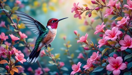 Hummingbird in flight among blossoming flowers nature illustrations garden vibrant colors close-up view