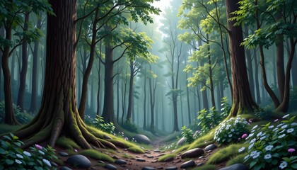 Enchanting forest illustrations nature trail lush greenery serene environment peaceful viewpoint