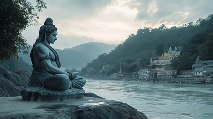 Lord Shiva statue on the banks of the sacred Ganges River in Rishikesh, India. 