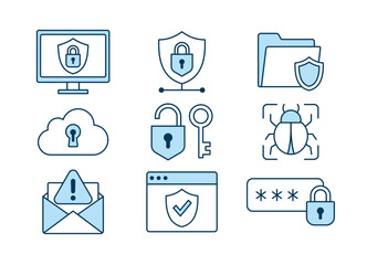 Vector icon collection representing cyber security concepts such as firewall, password, encryption, malware, phishing, data protection, cloud security, and network safety in modern line style.