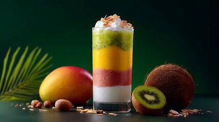 Vibrant Layered Tropical Smoothie with Fresh Fruit and Coconut Flakes Display (Minimum 30 characters)