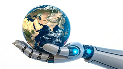 Fototapeta premium Robotic Hand Holding Planet Earth Representing Artificial Intelligence, Global Technology, and Future Innovation 