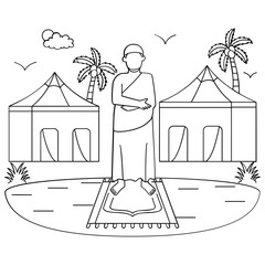 Pilgrim offering salah at Mina Plain concept, Person is Standing on Prayer Rug at Tent City vector design, Eid al-Adha sketch Eid-al-Kabir Hajj drawing, Traditional Arabic Muslim Festival illustration