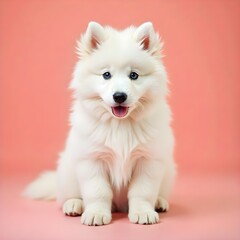Samoyed puppy sitting on pink background