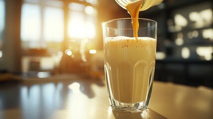 Pouring whey protein cocktail in a glass. Fitness and weight loss concept.