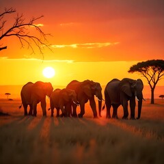 Obraz premium Elephants walking at sunset in Africa