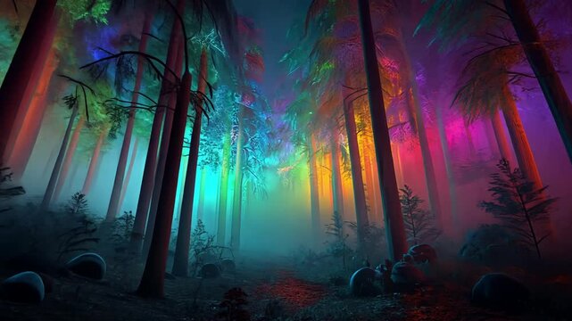 Endless spooky forest animation through dark foggy forest