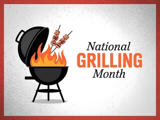 National grilling month with grill flames and skewers on a red and white background design art