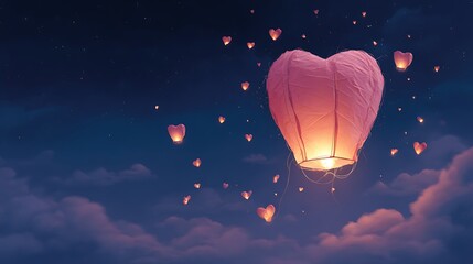 Romantic Heart-Shaped Sky Lanterns Ascending into the Night Sky