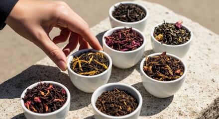 Woman hand reaching for a bowl of loose leaf tea among a diverse selection of herbal blends