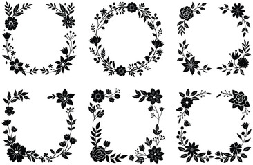 Set of decorative floral vector design elements including flowers, leaves, and ornate vintage plant silhouettes for elegant patterns, borders, and art illustrations