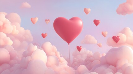 A Serene Landscape of Heart-Shaped Balloons Floating Amidst Fluffy Pink Clouds (68 Characters)