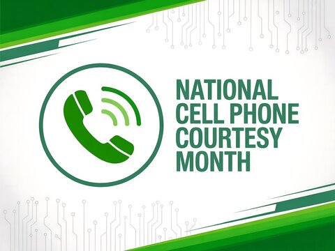 National cell phone courtesy month graphic with phone icon and circuit board design in green and white