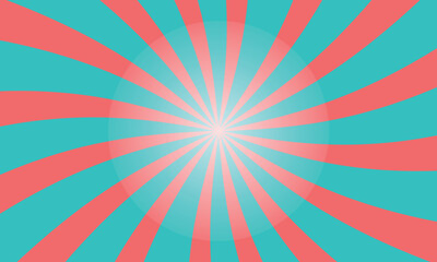 vibrant radial background with teal and coral stripes.