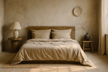 bed with wooden headboard in room with white walls and round mirror on wall above it.