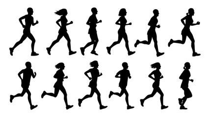 set of running people silhouette vector on tranparent background.