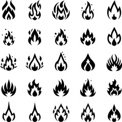 Collection of twenty different flame and fire vector icons in black