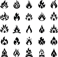 Set of stylized fire flame icons, illustration of fire in various shapes