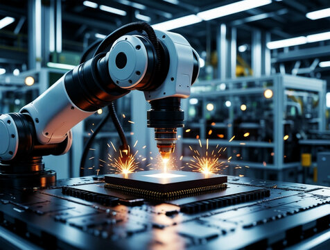 High-tech processor operational on a detailed circuit board with glowing data streams and nono chip