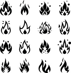 Collection of Sixteen Unique Black and White Fire Flame Icons