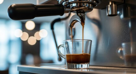 Espresso pouring from a professional coffee machine into a glass cup in a cafe.