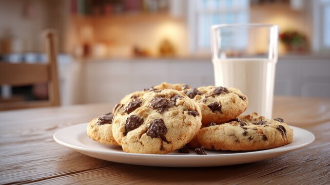 Plate Of Chocolate Chip Cookies With Glass Of Milk On Wooden Table. Cozy Kitchen Setting For A Sweet Treat
