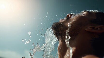Young man with dark hair is enjoying a refreshing splash of water on his face, illuminated by sunlight, capturing the essence of summer and vitality in a vibrant outdoor setting