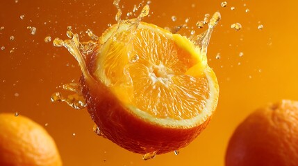 Vibrant Slice of Orange Fruit Surrounded by Refreshing Splash on a Yellow Background