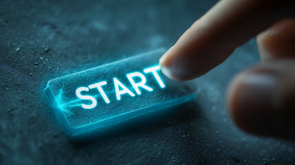 Close-up of finger pressing glowing blue "START" button, signifying initiation, action, or beginning, ideal for technology or business concepts