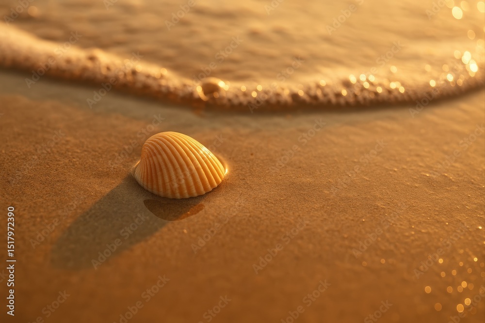 Poster single seashell rests on wet sand of beach during low tide.