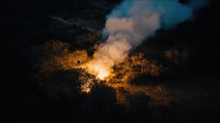 Obraz premium Smoke rising from a forest fire at night, illuminating the surrounding trees with an orange glow, creating a dramatic and intense atmosphere of nature's power and destruction