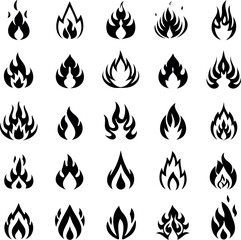 Collection of Black and White Fire Flame Icons for Various Uses