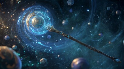 An Ornate Magical Staff Radiates Cosmic Energy Amidst a Celestial Tapestry of Planets and Nebulae