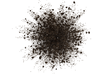 A dark, dense mass explodes outward, scattering tiny colored specks against a black background. The central core is heavily textured, radiating outward in a chaotic, almost floral pattern