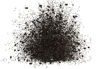 A dark, granular substance, possibly soil or a similar material, explodes outwards in a chaotic cloud against a black backdrop. Tiny specks of color are scattered throughout