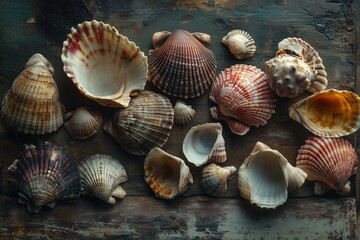 The arrangement of seashells on a rustic wooden surface.