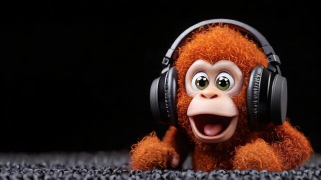 A playful orange monkey wearing headphones, enjoying music in a cozy indoor setting