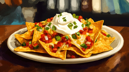 Artistic depiction of a plate filled with nachos, drizzled with cheese and finished with sour cream.

