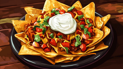 Cheesy nachos with sour cream illustrated on a plate in a food-themed artwork.


