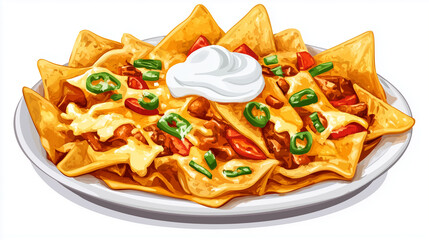 A detailed drawing of a nacho plate featuring cheese and sour cream as toppings.

